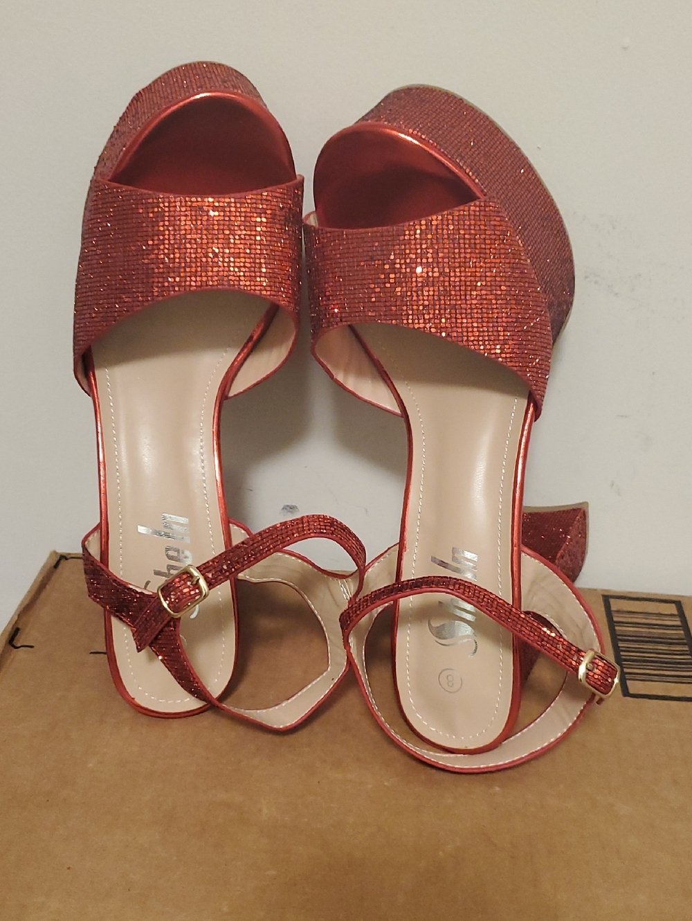 Women's Red Glitter Platform Sandals, High Heel, Size 8.